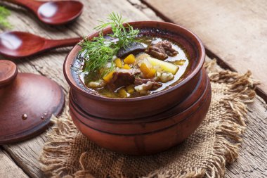 Mantar, sığır eti ve arpa çorbası