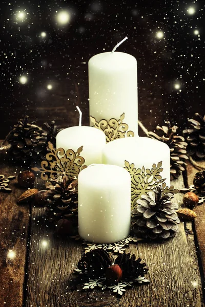 New Year composition with big white candles — Stock Photo, Image