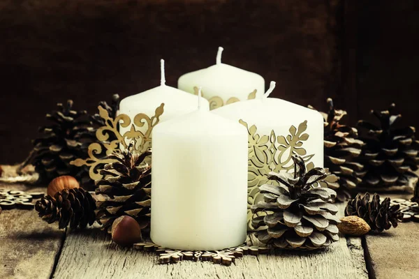 New Year composition with big white candles — Stock Photo, Image