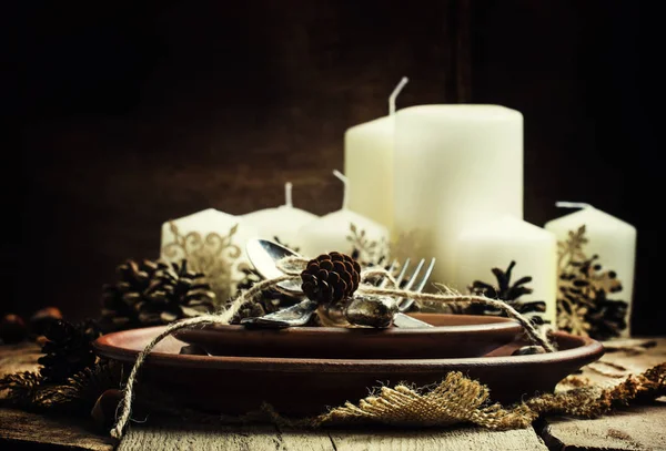 Christmas table setting in rustic style — Stock Photo, Image