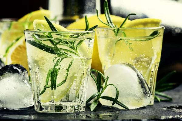 Fizzy lemonade with lemon, rosemary and ice — Stock Photo, Image