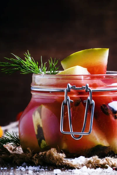 Marinated or pickled watermelon in a glass jar — Stock Photo, Image