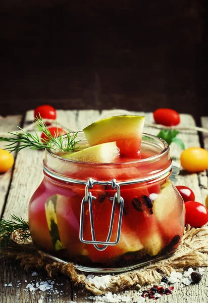 Marinated or pickled watermelon in a glass jar — Stock Photo, Image