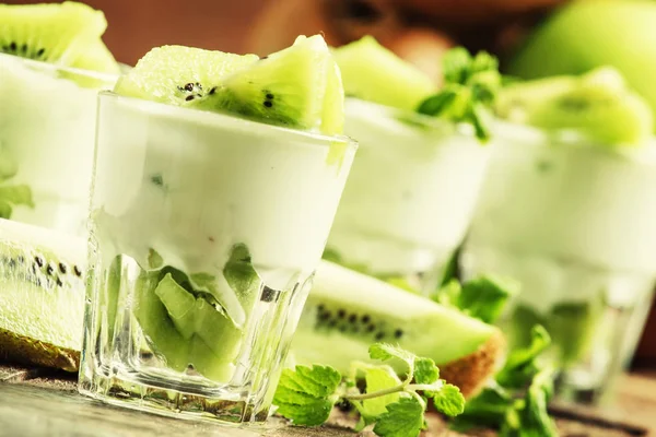 Jogurt kiwi, świeże owoce i mięty — Zdjęcie stockowe