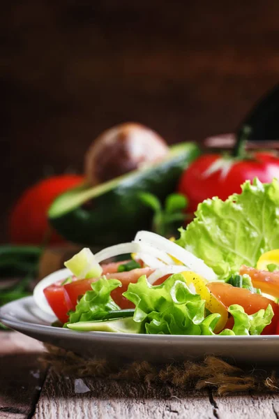 Salát s avokádem, lososem, hlávkovým salátem, cibulí a paprikou — Stock fotografie