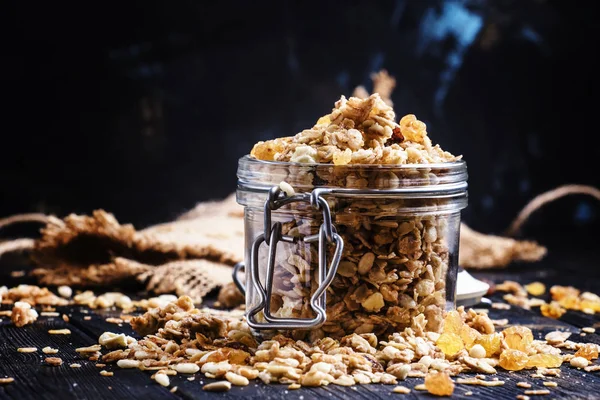 Gebackenes Müsli mit Rosinen und Sonnenblumenkernen — Stockfoto