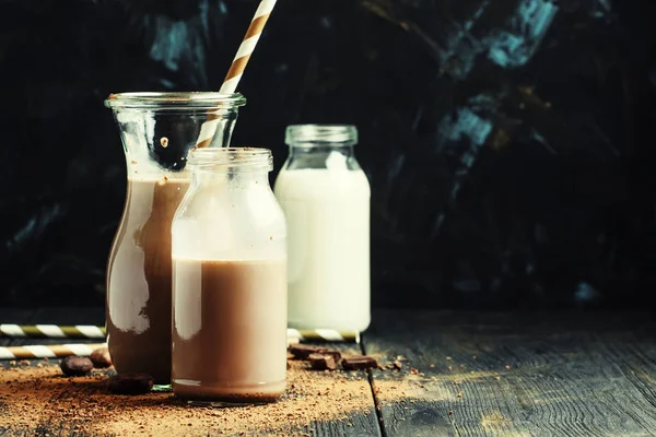 Choklad mjölk i flaskor — Stockfoto