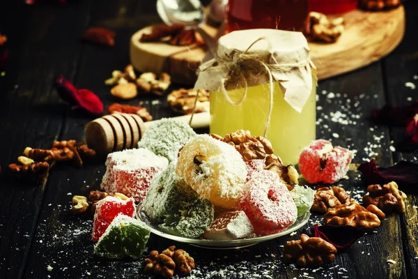 Rahat lukum, oriental sweets with honey, nuts and coconut — Stock Photo, Image