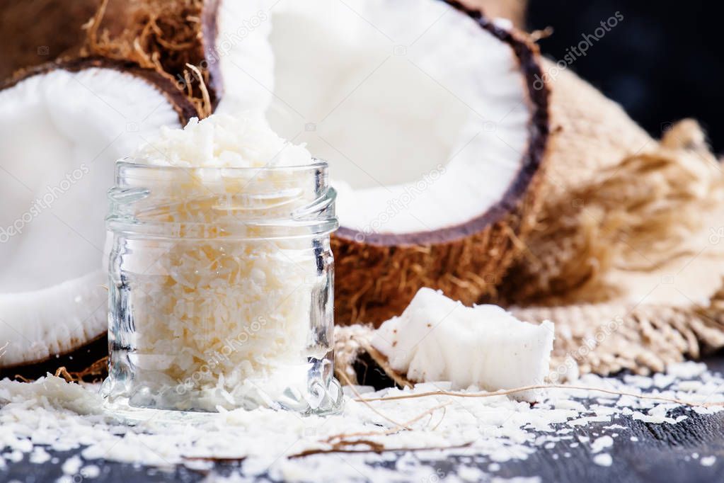 Coconut shaving in a glass jar