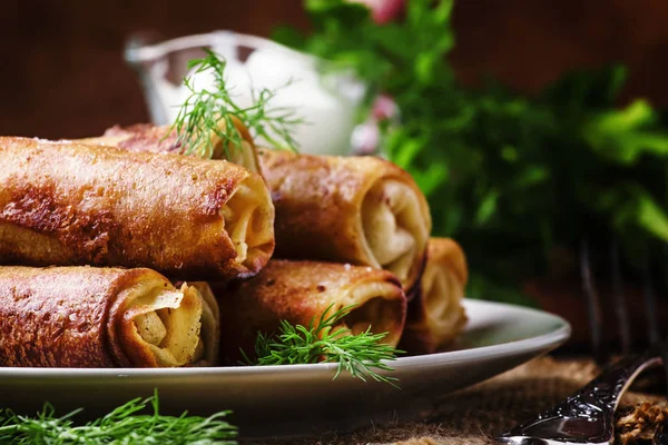 Pannenkoeken met vlees, rustieke stijl — Stockfoto