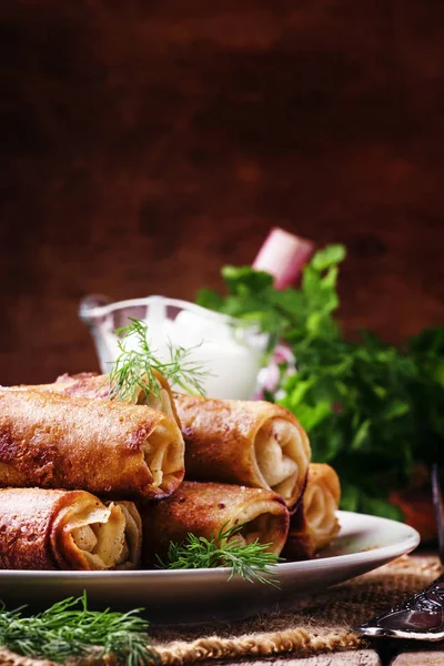 Pannenkoeken met vlees, rustieke stijl — Stockfoto