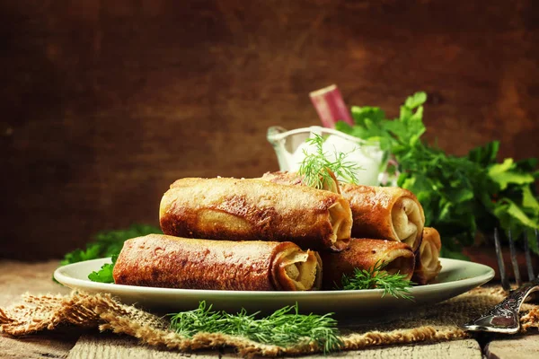 Pannenkoeken met vlees, rustieke stijl — Stockfoto