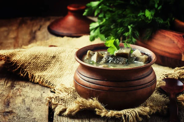 Mushroom soup in a clay pot — Stock Image Mushroom soup in a clay pot Royalty Free Stock Images