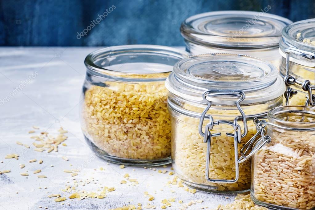 Assorted cereals in glass jars