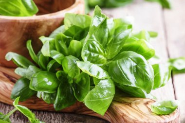 Bir kesme tahtası üzerinde yeşil fesleğen