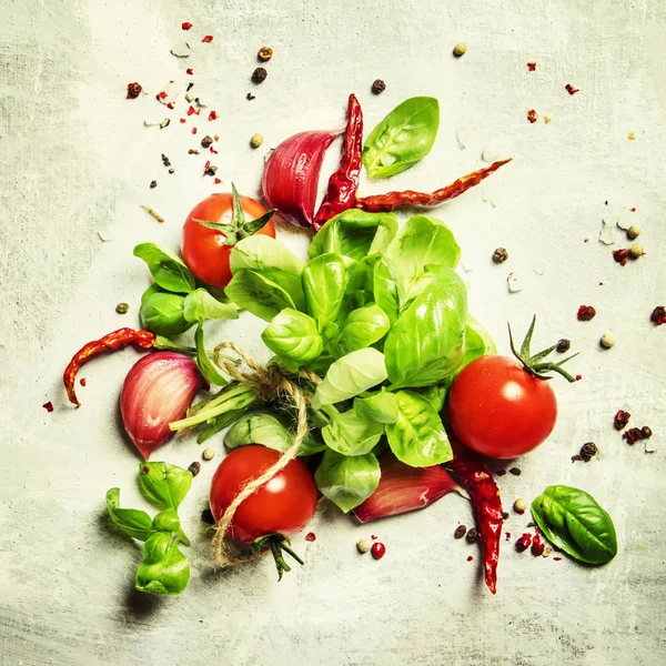 Albahaca verde y tomates con especias — Foto de Stock