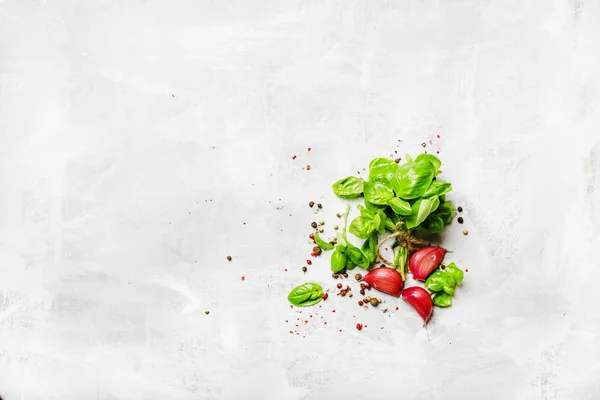 Green basil, garlic, salt and pepper — Stock Photo, Image