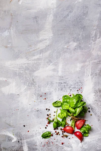 Manjericão verde, alho, sal e pimenta — Fotografia de Stock