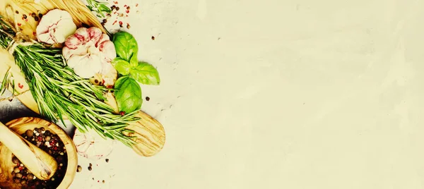 Fresh rosemary, green basil, garlic, pepper — Stock Photo, Image