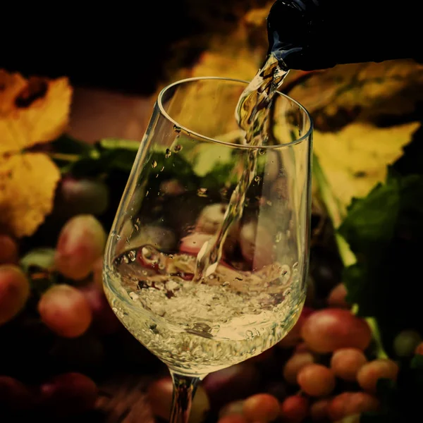 Bílé víno se nalévá do sklenice — Stock fotografie