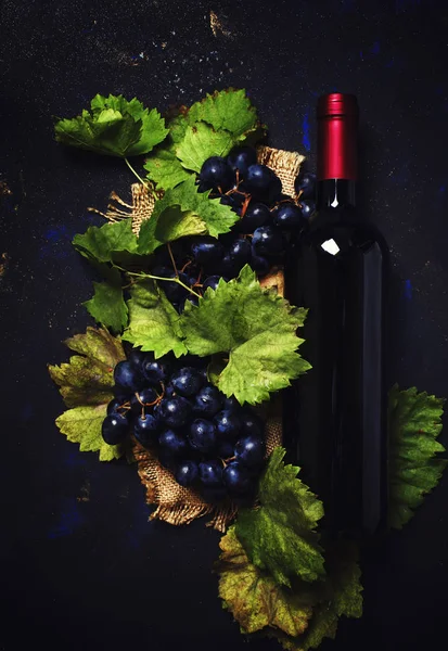 Red wine in bottle and grapes — Stock Photo, Image
