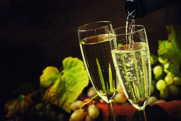 Champagner in Gläser gießen, Trauben mit Weinstock — Stockfoto