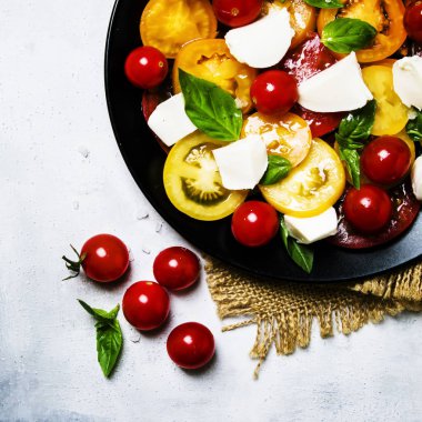 Bahar salatası domates, peynir ve fesleğen, gri arka plan, üstten görünüm