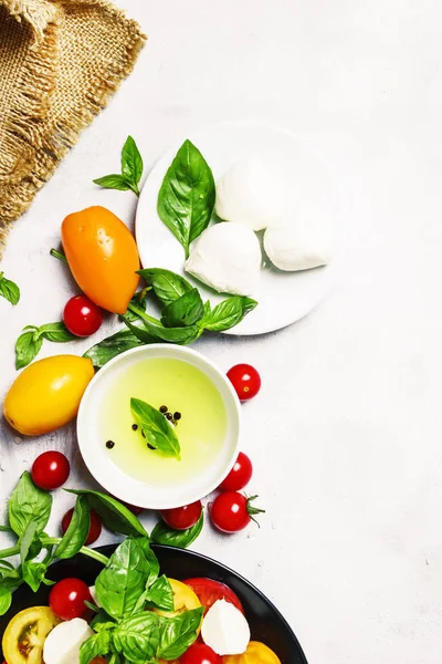 Ingredients Prepared Spring Salad Tomatoes Mozzarella Cheese Extra Virgin Olive — Stock Photo, Image