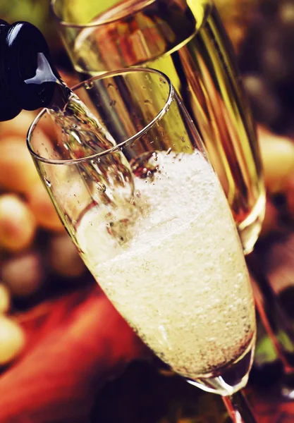 Champagne Pour In Glasses, Grapes With Vine, Vintage Wood Background, Selective Focus