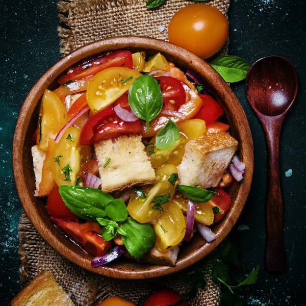 Salad With Tomatoes, Basil And Stale Bread, Rustic Style, Top view