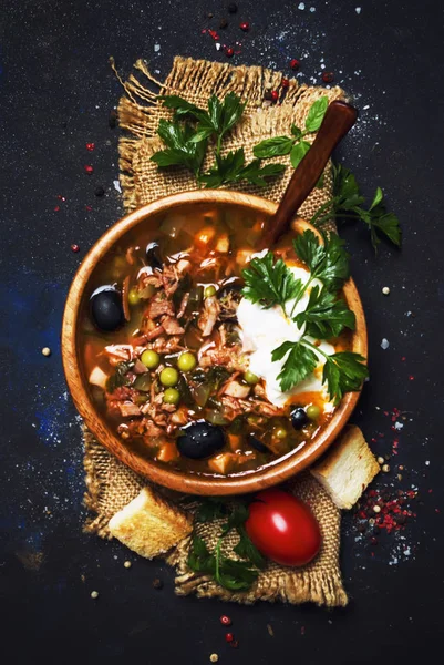 Russian Meat Solyanka Soup In Wooden Bowl, Top View — Stock Image Russian Meat Solyanka Soup Wooden Bowl Top View Stock Photo