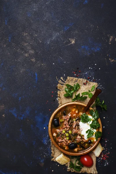 Russian Meat Solyanka Soup In Wooden Bowl, Top View — Stock Image Russian Meat Solyanka Soup Wooden Bowl Top View Stock Photo