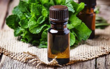 Essential oil of peppermint in a small brown bottle with fresh green mint, rustic style, vintage wooden background, selective focus clipart