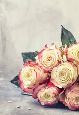 Kırmızı ve beyaz güller, Sevgililer günü kartı, seçici odak şenlikli buket