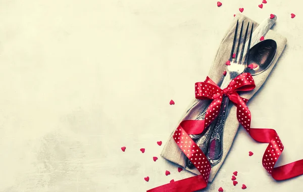 Festive Table Setting Valentines Day Set Cutlery Red Ribbon Sweet — Stock Photo, Image