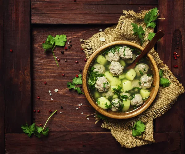 Sopa Casera Con Albóndigas Patatas Estilo Rústico Vista Superior —  Fotos de Stock