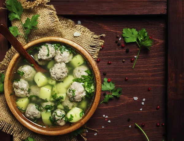 Homemade soup with meatballs and potatoes, rustic style, top view — Stock Image Homemade Soup Meatballs Potatoes Rustic Style Top View Stock Photo