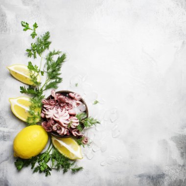 Yeşil otlar ve limon, gri arka planı, buzda küçük kırmızı ahtapot görünümü top