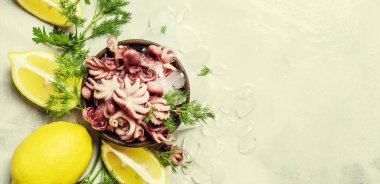 Yeşil otlar ve limon, gri arka planı, buzda küçük kırmızı ahtapot görünümü top