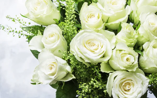 Bouquet White Roses Women Day Gray Background Selective Focus — Stock Photo, Image