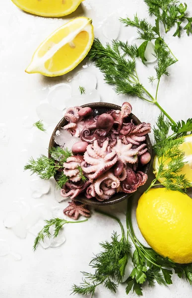 Yeşil otlar ve limon, gri arka planı, buzda küçük kırmızı ahtapot görünümü top