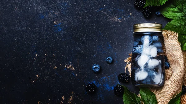 Summer Berry Drink Bottle Blueberries Blackberries Ice Top View — Stock Photo, Image