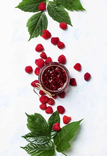 Raspberry Jam Fresh Raspberries Leaves Top View — Stock Photo, Image