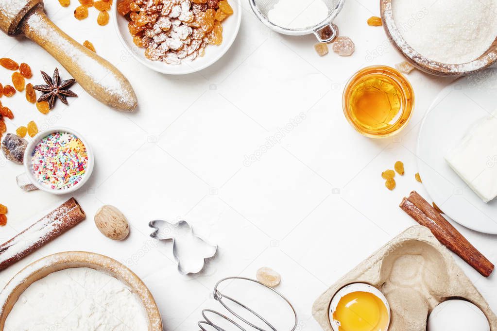 Easter baking ingredients, white food background, top view