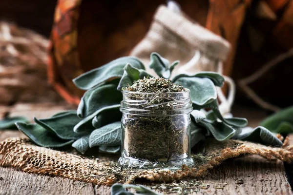 Dried Fresh Sage Rustic Style Vintage Wooden Background Selective Focus — Stock Photo, Image