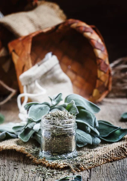 Dried Fresh Sage Rustic Style Vintage Wooden Background Selective Focus — Stock Photo, Image