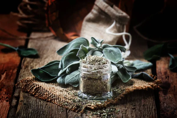 Dried Fresh Sage Rustic Style Vintage Wooden Background Selective Focus — Stock Photo, Image