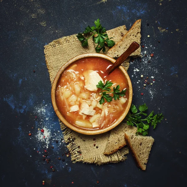 Shchi - Soup From Sauerkraut, Meat And Tomato, Black Background, Top View — Stock Image Shchi Soup Sauerkraut Meat Tomato Black Background Top View Royalty Free Stock Images