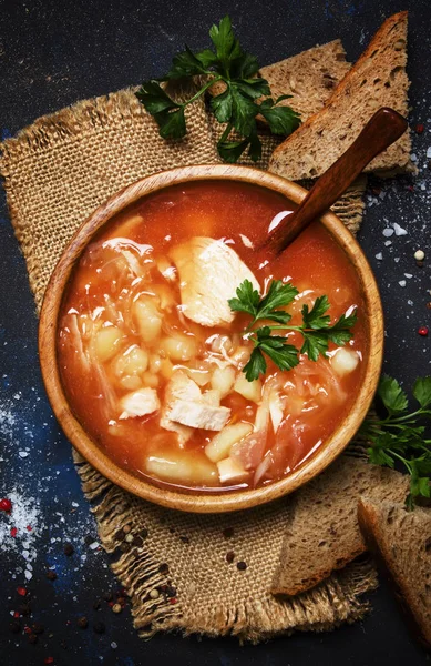 Shchi - Soup From Sauerkraut, Meat And Tomato, Black Background, Top View — Stock Image Shchi Soup Sauerkraut Meat Tomato Black Background Top View Royalty Free Stock Images