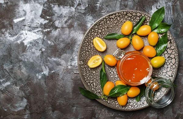 Kumquat Jam Glass Jar Copy Space Top View — Stock Photo, Image